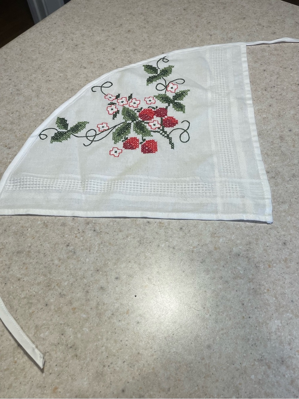 Vintage Head Scarf Upcycled Tablecloth Embroidered Floral Strawberry Handmade